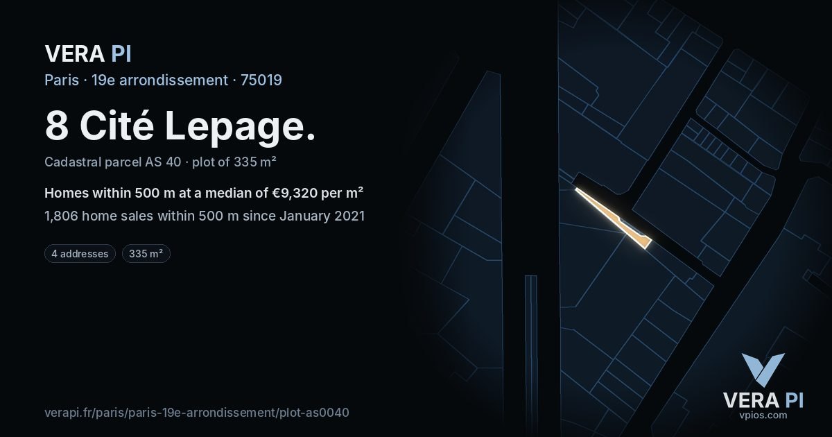 8 Cité Lepage, 19e arrondissement at night – the plot lit, the parcels around coloured by the prices near them