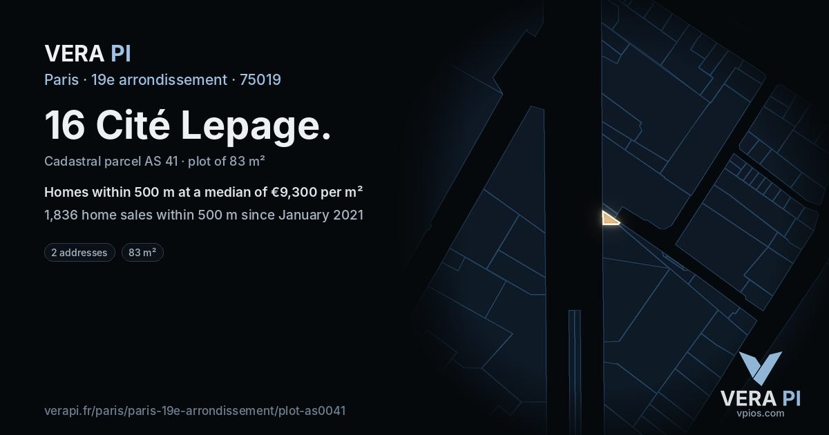 16 Cité Lepage, 19e arrondissement at night – the plot lit, the parcels around coloured by the prices near them