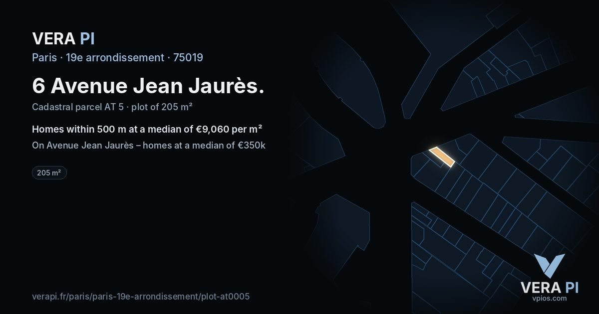 6 Avenue Jean Jaurès, 19e arrondissement at night – the plot lit, the parcels around coloured by the prices near them
