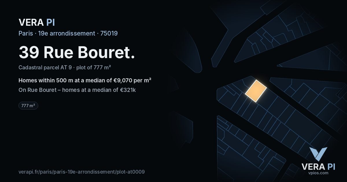 39 Rue Bouret, 19e arrondissement at night – the plot lit, the parcels around coloured by the prices near them