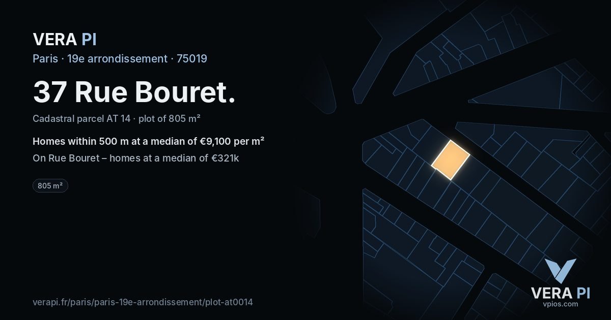 37 Rue Bouret, 19e arrondissement at night – the plot lit, the parcels around coloured by the prices near them