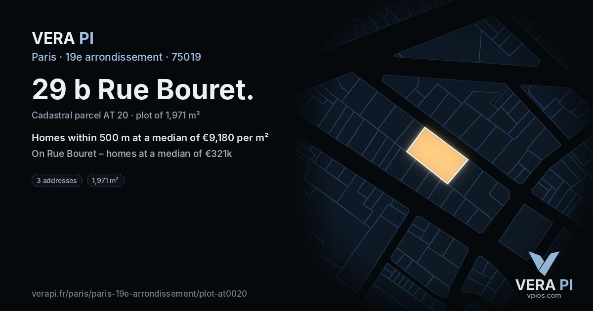 29 b Rue Bouret, 19e arrondissement at night – the plot lit, the parcels around coloured by the prices near them