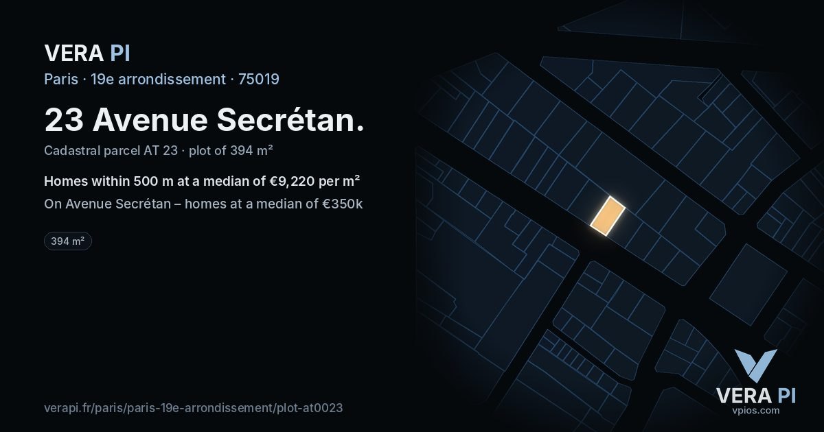 23 Avenue Secrétan, 19e arrondissement at night – the plot lit, the parcels around coloured by the prices near them