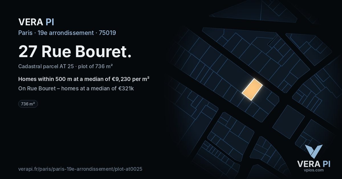 27 Rue Bouret, 19e arrondissement at night – the plot lit, the parcels around coloured by the prices near them