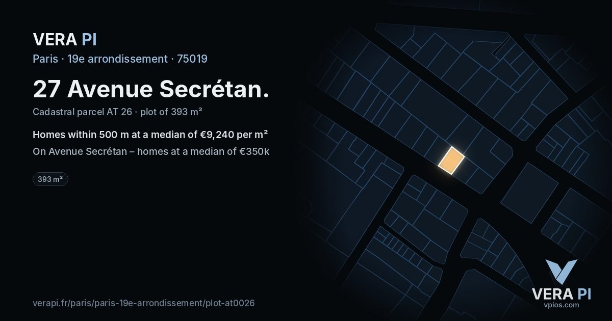 27 Avenue Secrétan, 19e arrondissement at night – the plot lit, the parcels around coloured by the prices near them