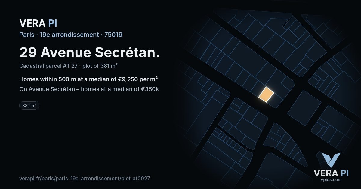 29 Avenue Secrétan, 19e arrondissement at night – the plot lit, the parcels around coloured by the prices near them