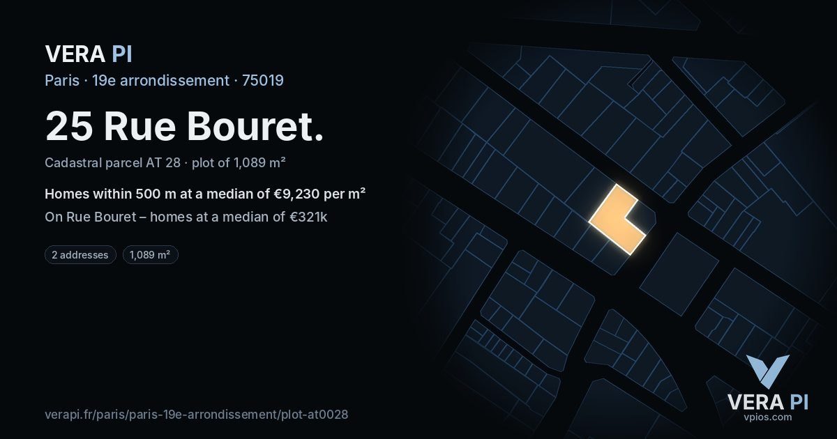 25 Rue Bouret, 19e arrondissement at night – the plot lit, the parcels around coloured by the prices near them