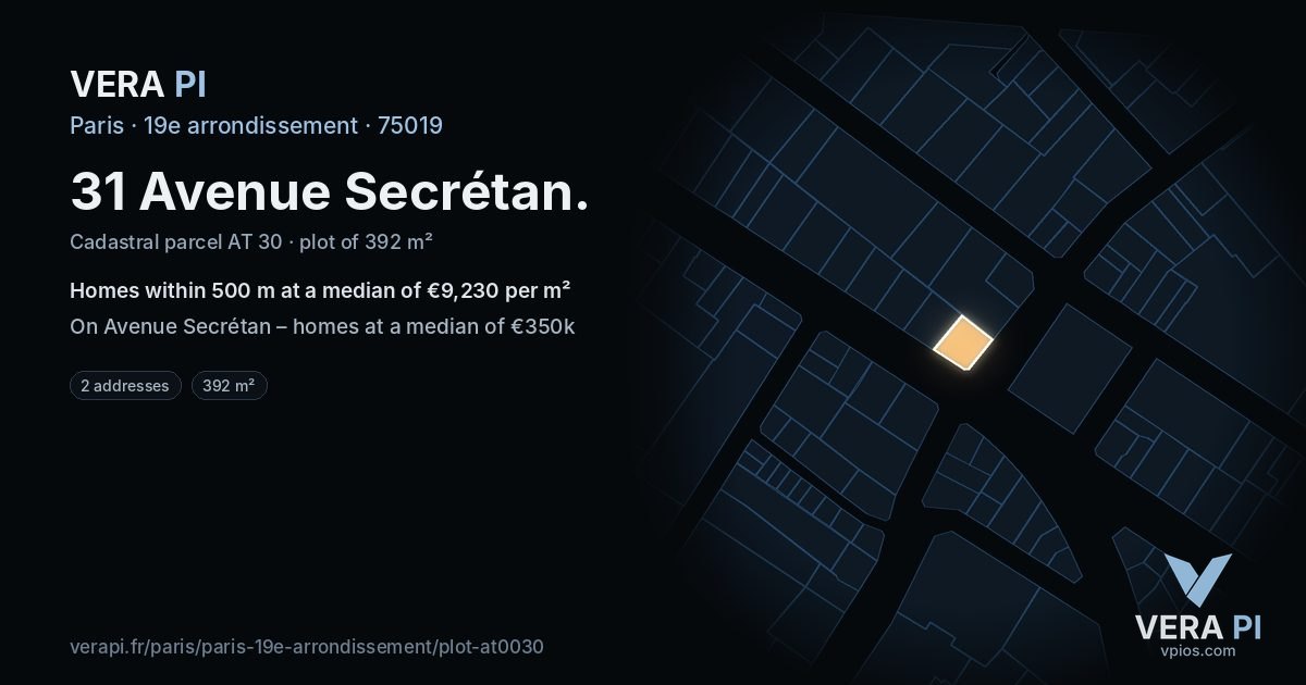 31 Avenue Secrétan, 19e arrondissement at night – the plot lit, the parcels around coloured by the prices near them