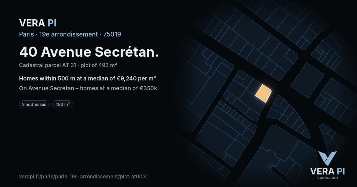 40 Avenue Secrétan, 19e arrondissement at night – the plot lit, the parcels around coloured by the prices near them
