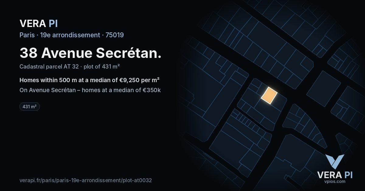 38 Avenue Secrétan, 19e arrondissement at night – the plot lit, the parcels around coloured by the prices near them