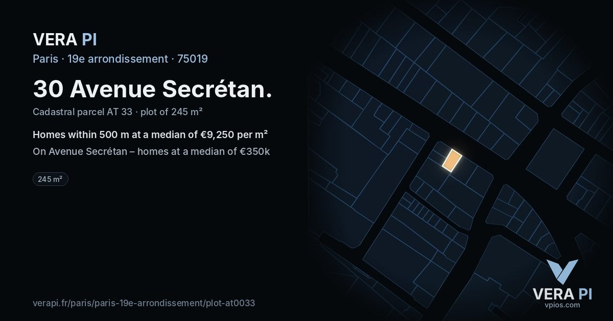 30 Avenue Secrétan, 19e arrondissement at night – the plot lit, the parcels around coloured by the prices near them