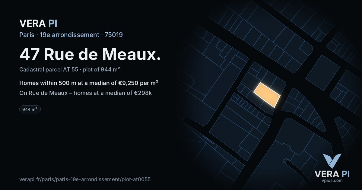 47 Rue de Meaux, 19e arrondissement at night – the plot lit, the parcels around coloured by the prices near them