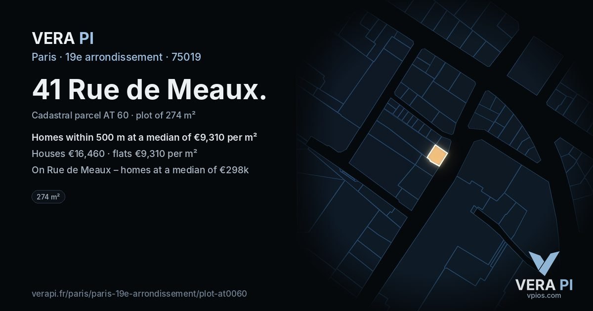 41 Rue de Meaux, 19e arrondissement at night – the plot lit, the parcels around coloured by the prices near them