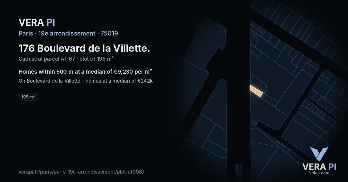 176 Boulevard de la Villette, 19e arrondissement at night – the plot lit, the parcels around coloured by the prices near them