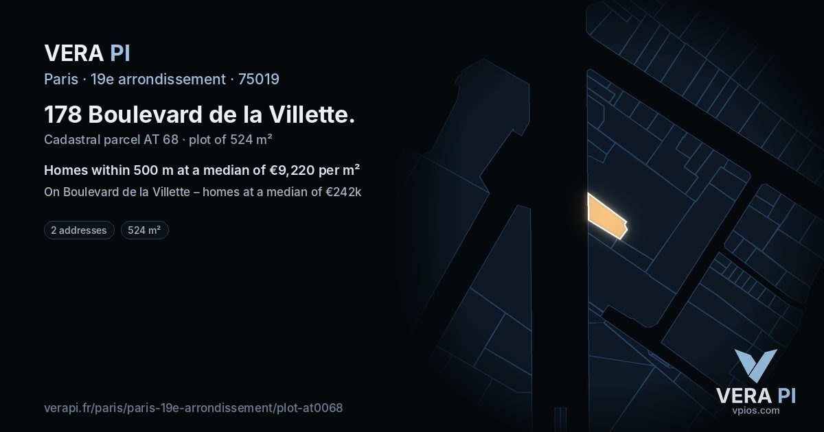 178 Boulevard de la Villette, 19e arrondissement at night – the plot lit, the parcels around coloured by the prices near them