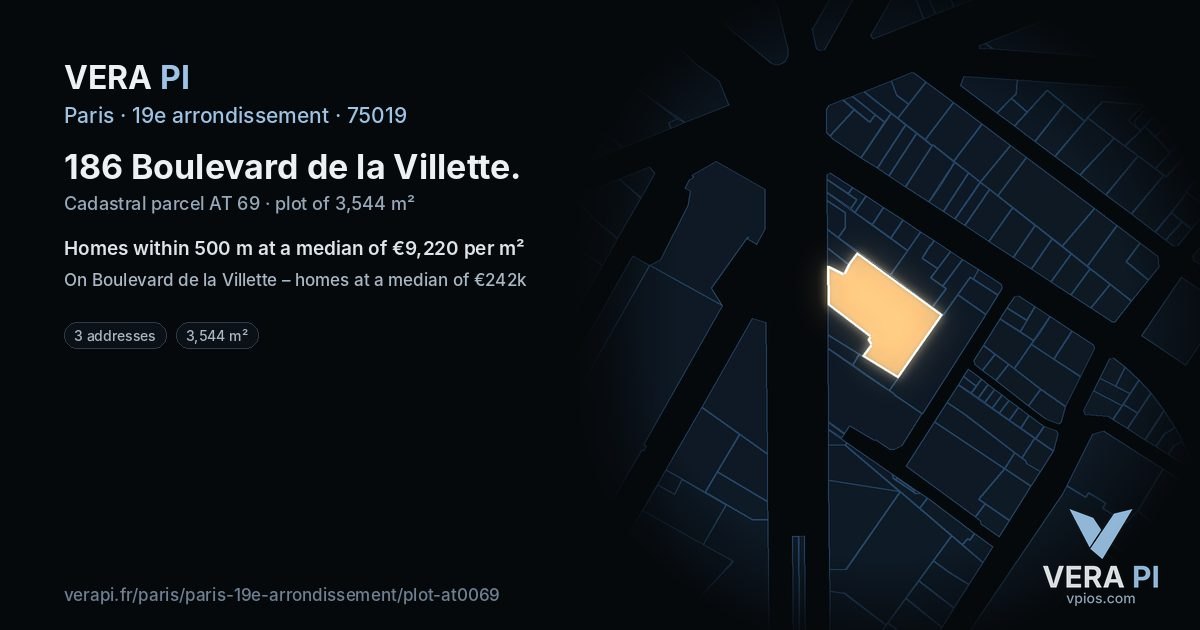 186 Boulevard de la Villette, 19e arrondissement at night – the plot lit, the parcels around coloured by the prices near them