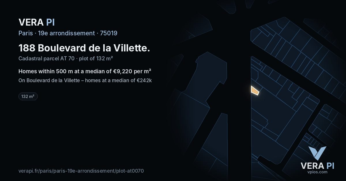 188 Boulevard de la Villette, 19e arrondissement at night – the plot lit, the parcels around coloured by the prices near them