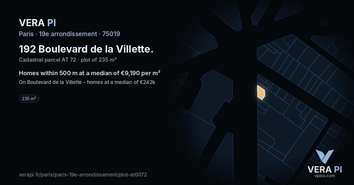 192 Boulevard de la Villette, 19e arrondissement at night – the plot lit, the parcels around coloured by the prices near them