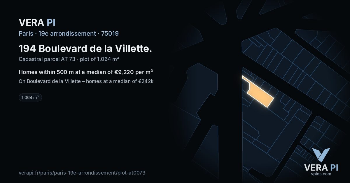 194 Boulevard de la Villette, 19e arrondissement at night – the plot lit, the parcels around coloured by the prices near them