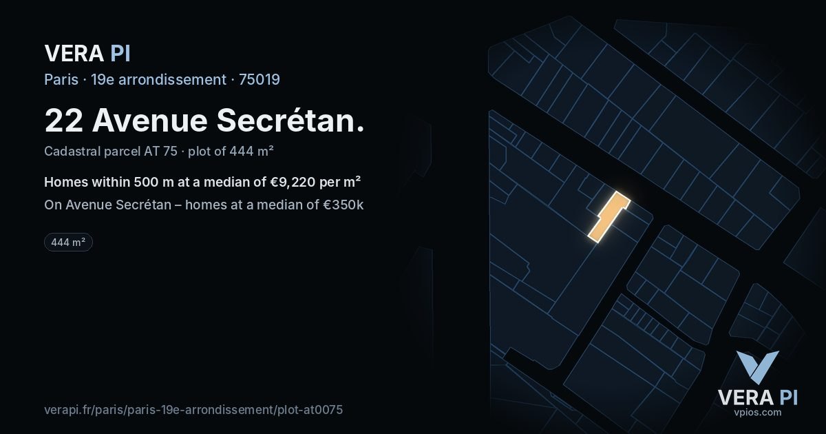 22 Avenue Secrétan, 19e arrondissement at night – the plot lit, the parcels around coloured by the prices near them