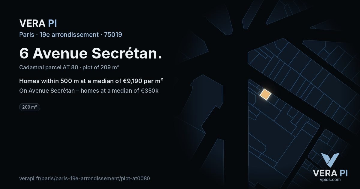 6 Avenue Secrétan, 19e arrondissement at night – the plot lit, the parcels around coloured by the prices near them