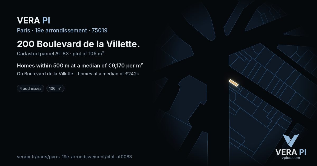 200 Boulevard de la Villette, 19e arrondissement at night – the plot lit, the parcels around coloured by the prices near them