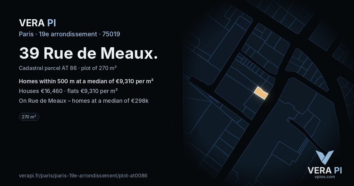 39 Rue de Meaux, 19e arrondissement at night – the plot lit, the parcels around coloured by the prices near them