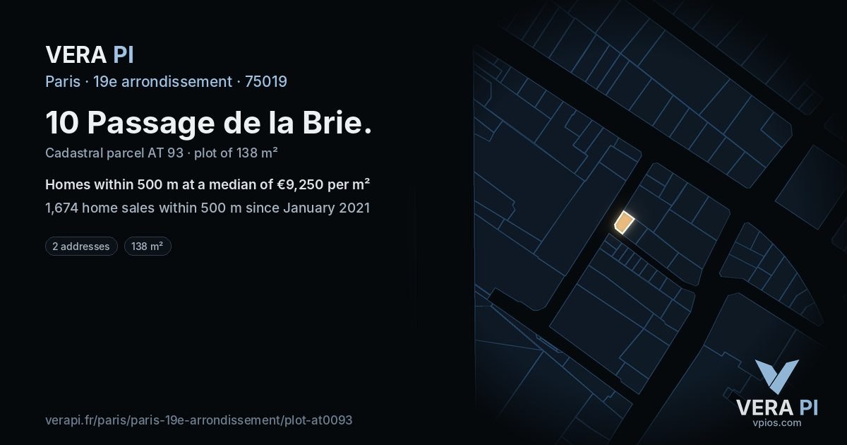 10 Passage de la Brie, 19e arrondissement at night – the plot lit, the parcels around coloured by the prices near them