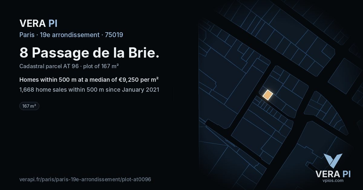 8 Passage de la Brie, 19e arrondissement at night – the plot lit, the parcels around coloured by the prices near them