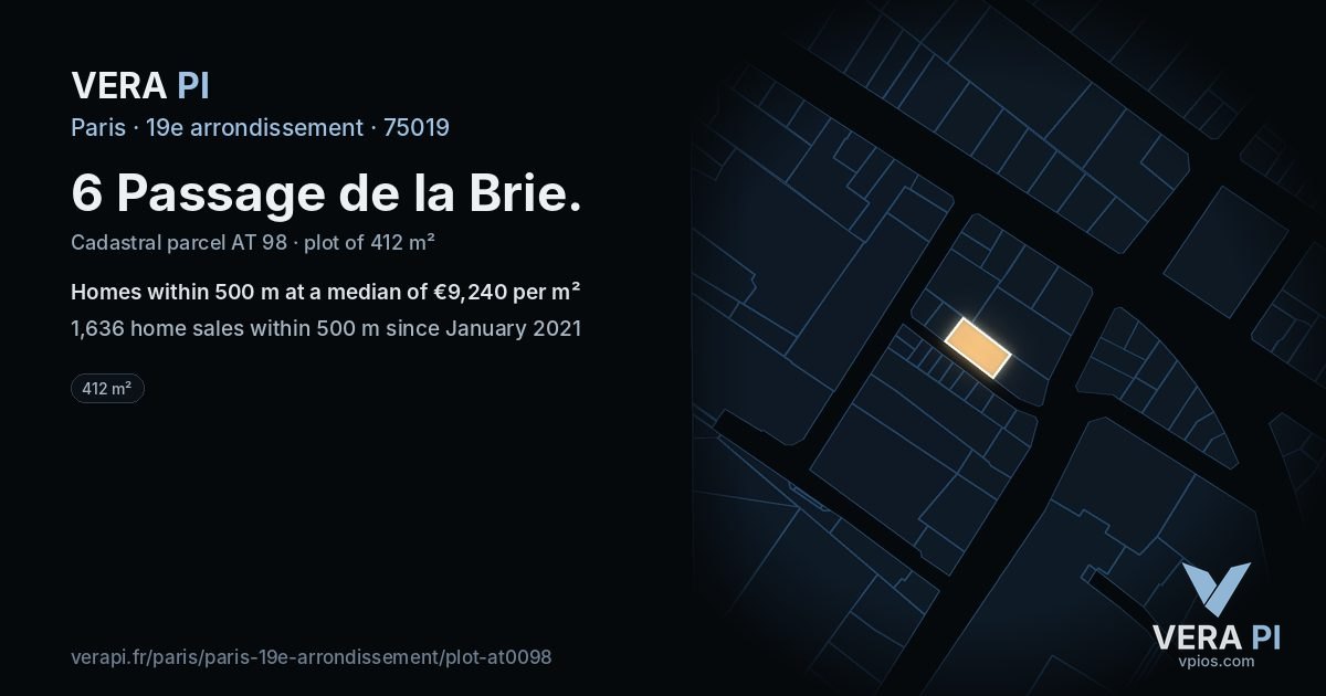 6 Passage de la Brie, 19e arrondissement at night – the plot lit, the parcels around coloured by the prices near them