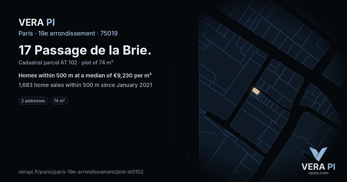 17 Passage de la Brie, 19e arrondissement at night – the plot lit, the parcels around coloured by the prices near them