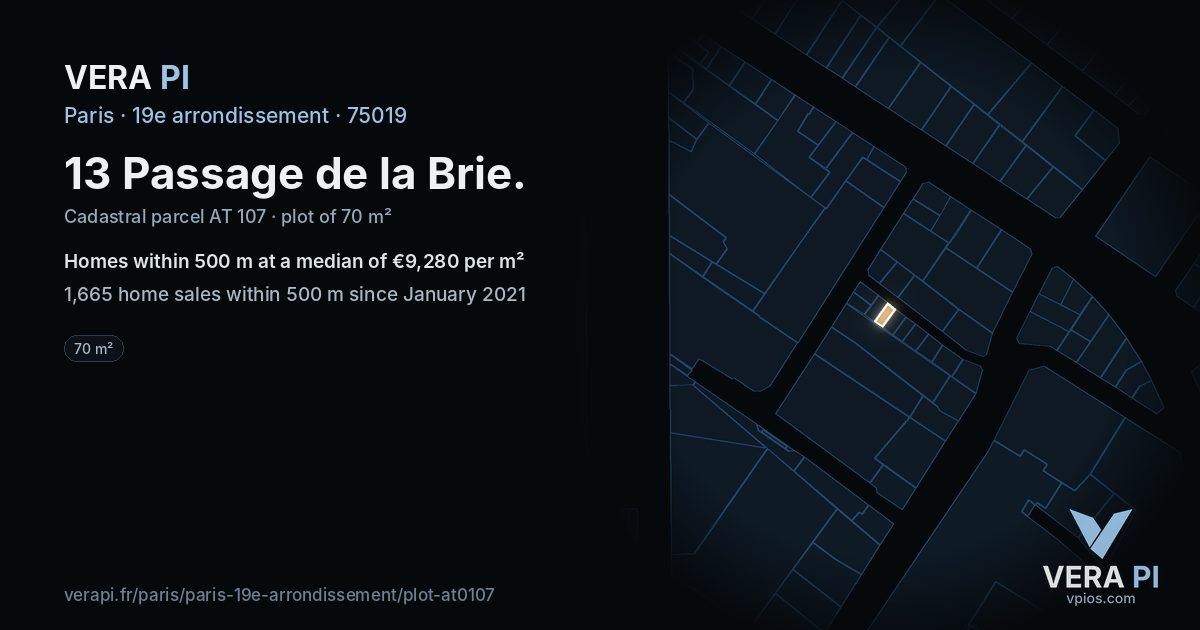 13 Passage de la Brie, 19e arrondissement at night – the plot lit, the parcels around coloured by the prices near them