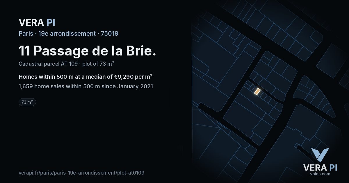11 Passage de la Brie, 19e arrondissement at night – the plot lit, the parcels around coloured by the prices near them