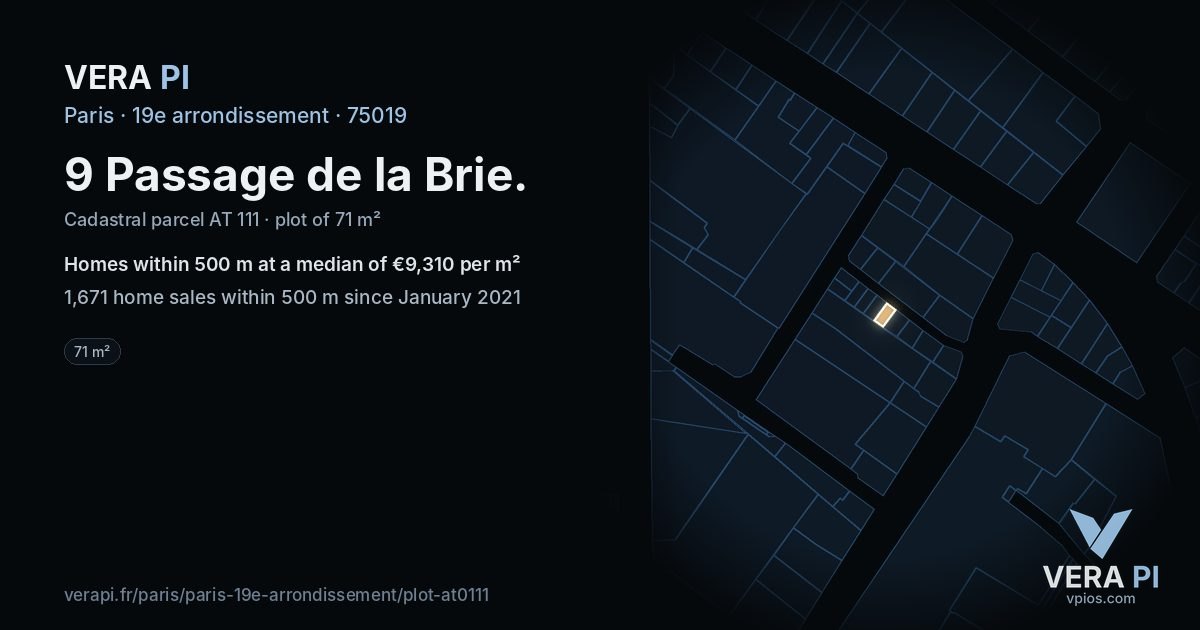 9 Passage de la Brie, 19e arrondissement at night – the plot lit, the parcels around coloured by the prices near them