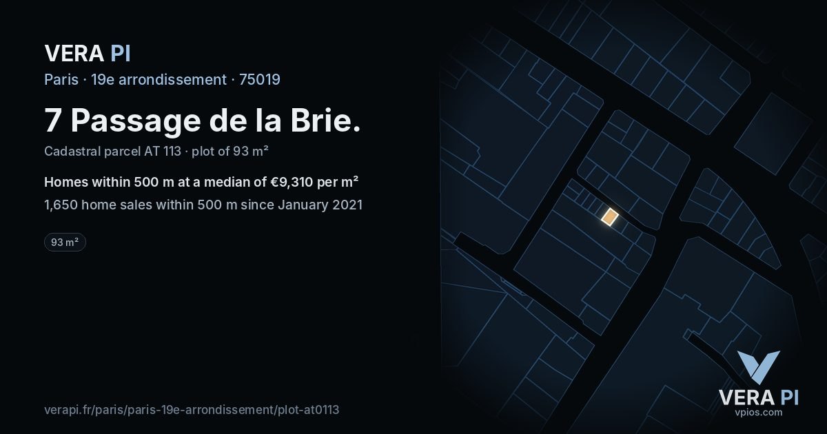 7 Passage de la Brie, 19e arrondissement at night – the plot lit, the parcels around coloured by the prices near them