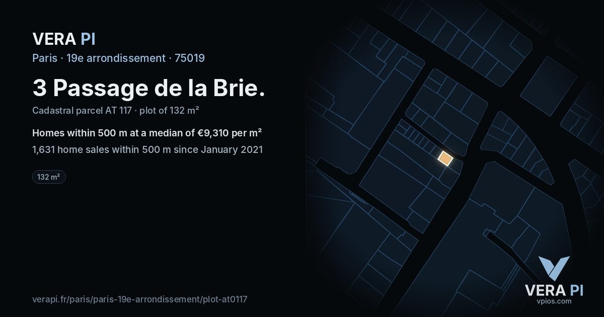 3 Passage de la Brie, 19e arrondissement at night – the plot lit, the parcels around coloured by the prices near them