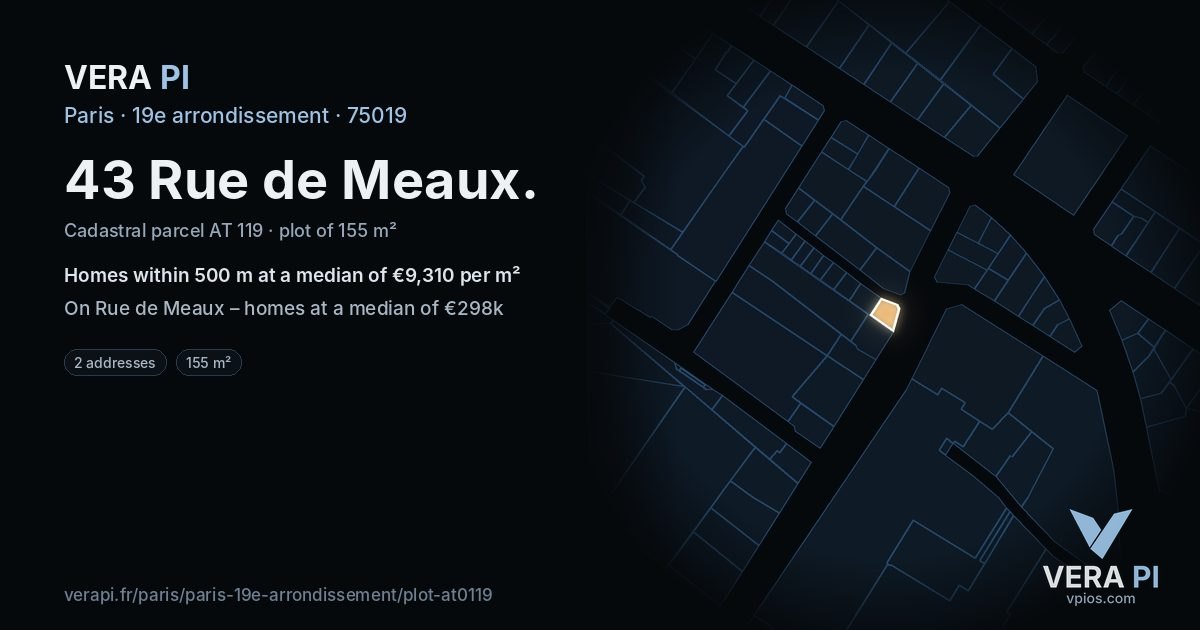 43 Rue de Meaux, 19e arrondissement at night – the plot lit, the parcels around coloured by the prices near them