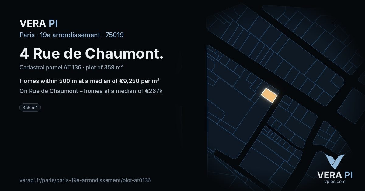 4 Rue de Chaumont, 19e arrondissement at night – the plot lit, the parcels around coloured by the prices near them