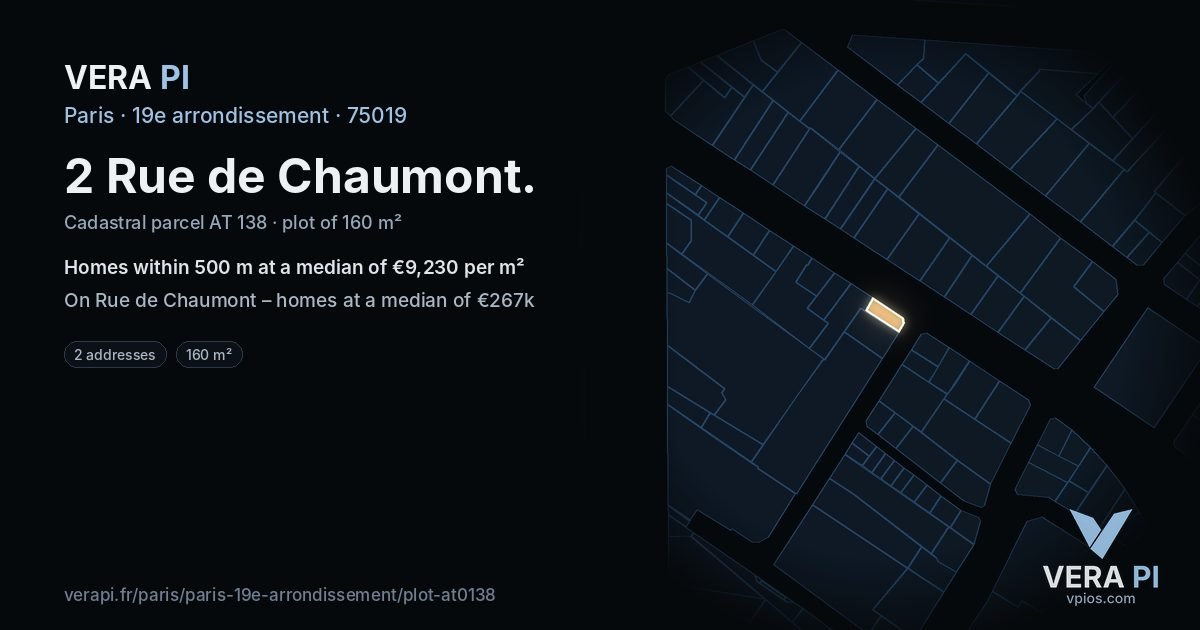 2 Rue de Chaumont, 19e arrondissement at night – the plot lit, the parcels around coloured by the prices near them