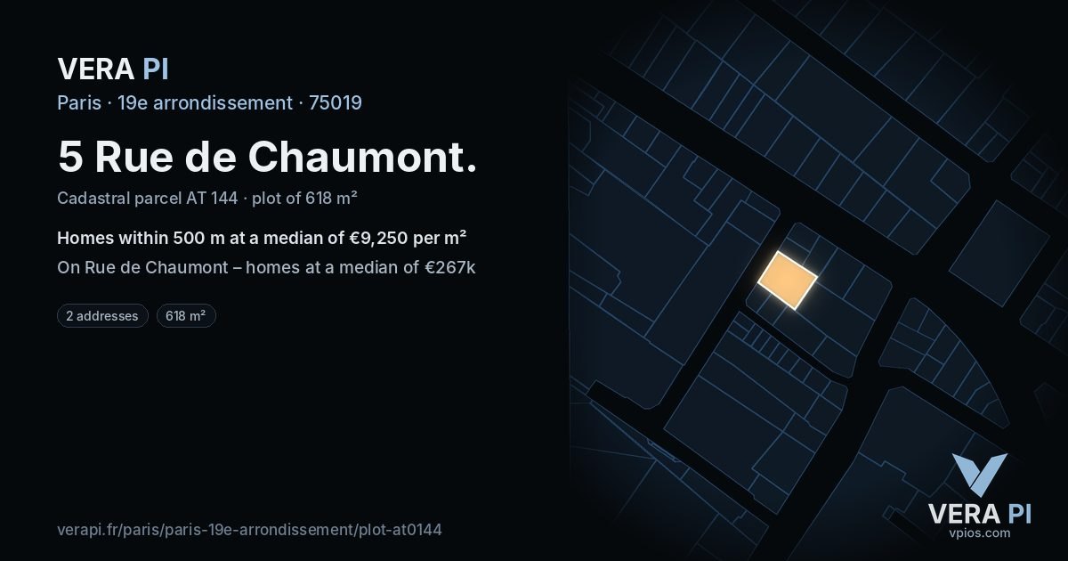 5 Rue de Chaumont, 19e arrondissement at night – the plot lit, the parcels around coloured by the prices near them