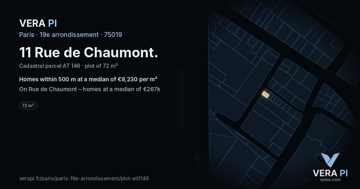 11 Rue de Chaumont, 19e arrondissement at night – the plot lit, the parcels around coloured by the prices near them