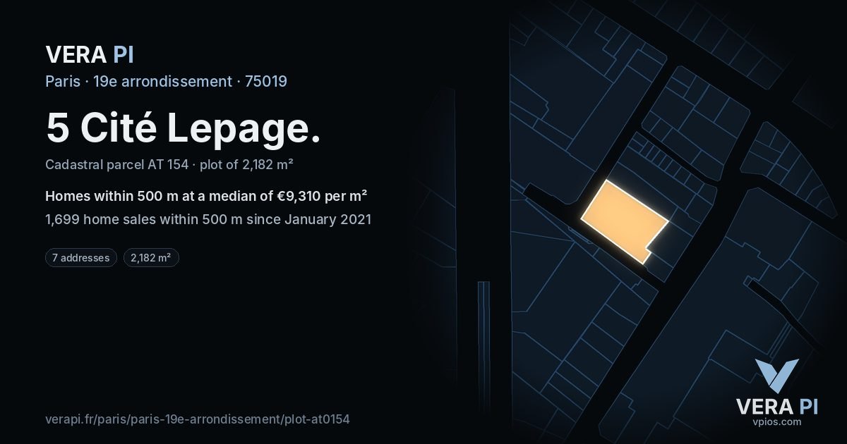 5 Cité Lepage, 19e arrondissement at night – the plot lit, the parcels around coloured by the prices near them