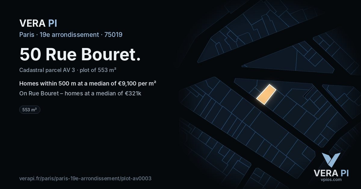 50 Rue Bouret, 19e arrondissement at night – the plot lit, the parcels around coloured by the prices near them