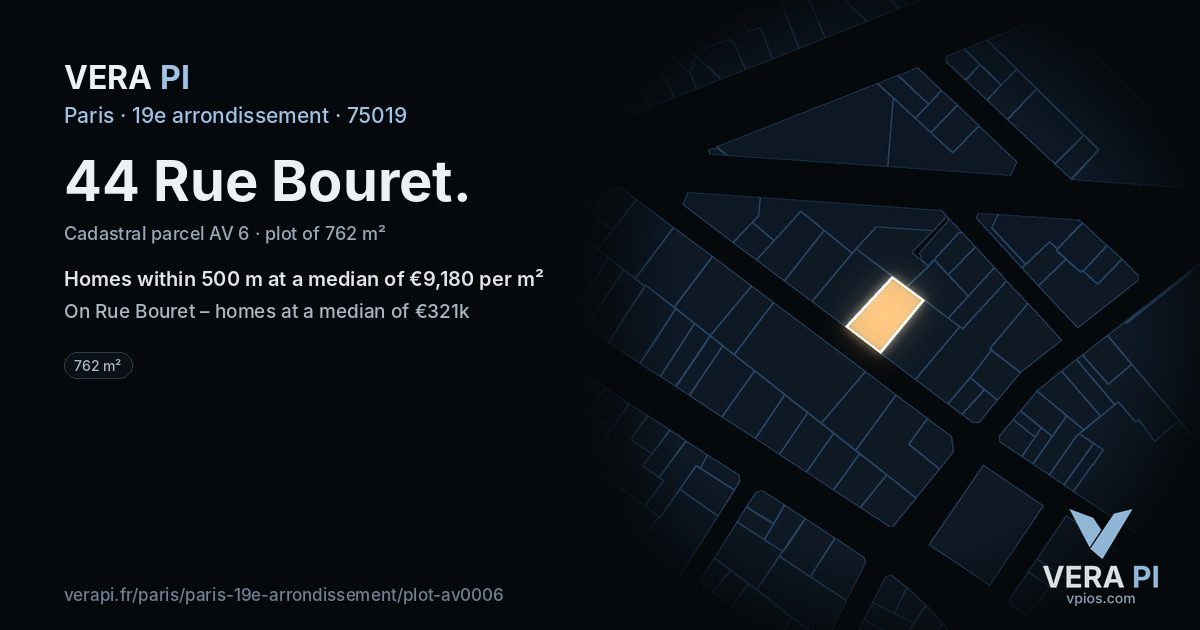 44 Rue Bouret, 19e arrondissement at night – the plot lit, the parcels around coloured by the prices near them