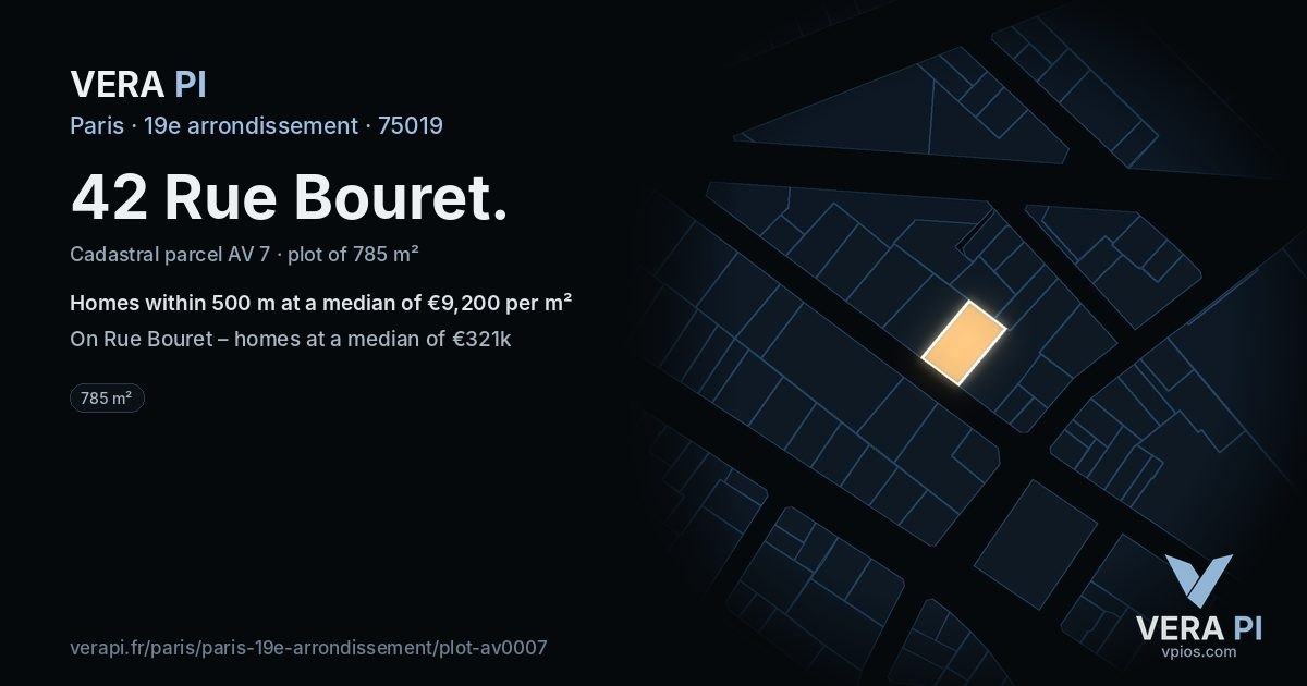 42 Rue Bouret, 19e arrondissement at night – the plot lit, the parcels around coloured by the prices near them
