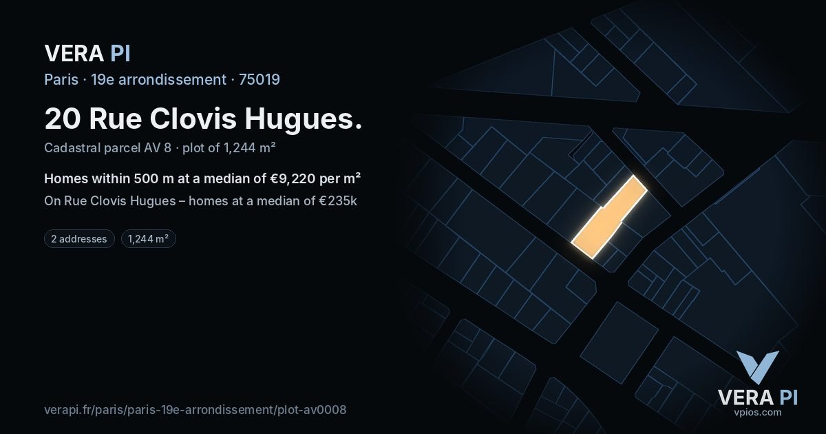 20 Rue Clovis Hugues, 19e arrondissement at night – the plot lit, the parcels around coloured by the prices near them
