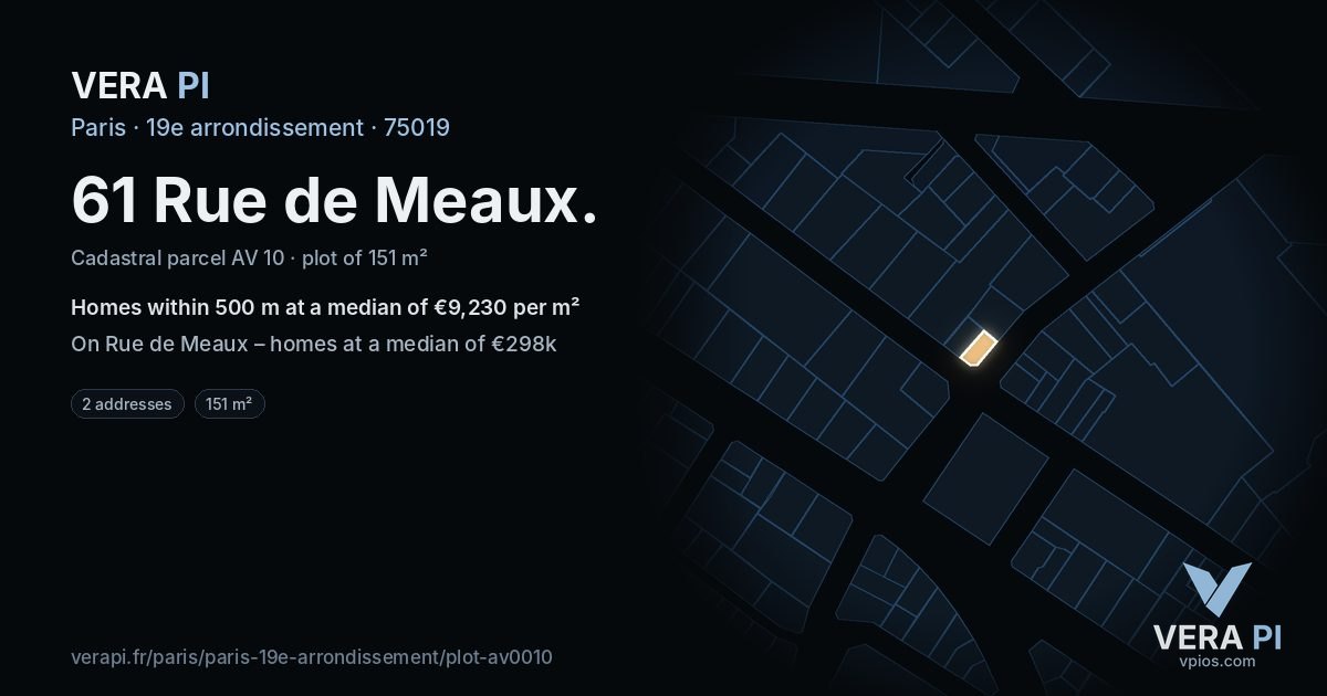 61 Rue de Meaux, 19e arrondissement at night – the plot lit, the parcels around coloured by the prices near them