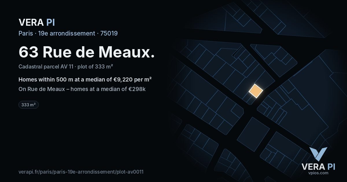 63 Rue de Meaux, 19e arrondissement at night – the plot lit, the parcels around coloured by the prices near them