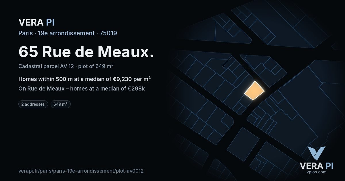 65 Rue de Meaux, 19e arrondissement at night – the plot lit, the parcels around coloured by the prices near them