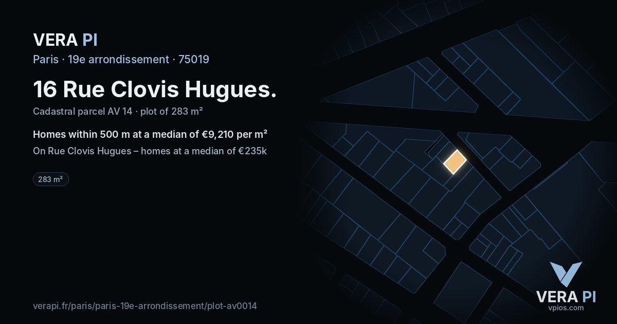 16 Rue Clovis Hugues, 19e arrondissement at night – the plot lit, the parcels around coloured by the prices near them
